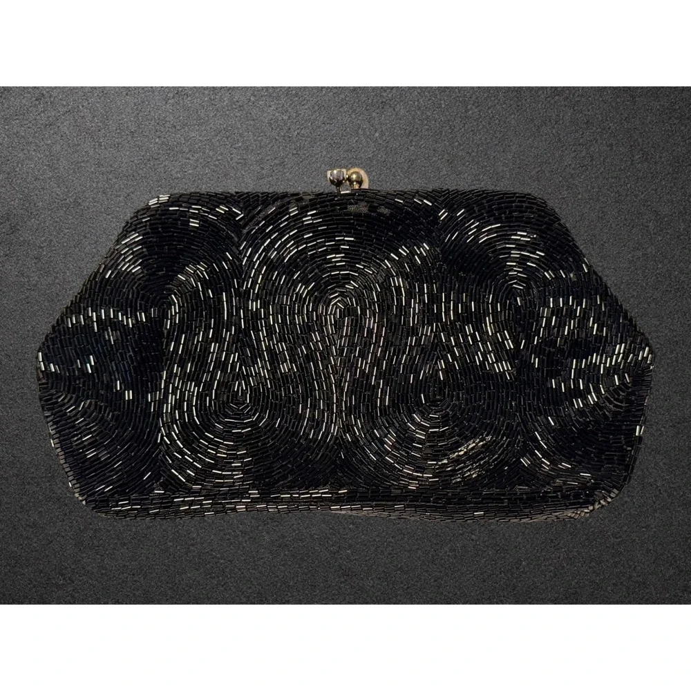 Magid Vintage Hand Beaded Clutch Black Silver Swirl Kiss Lock Evening Bag Japan